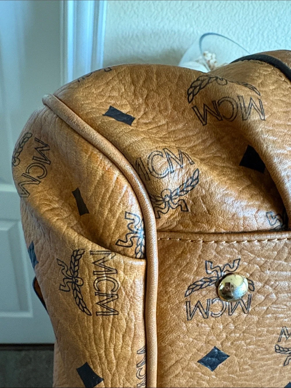 MCM Tan Cognac Logo Visetos Satchel with Gold Hardware